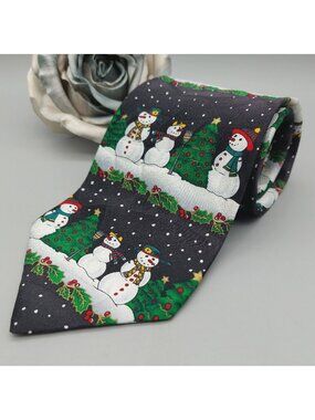 Christmas Holiday Mens Novelty Neck Tie 100% Silk Snowmen Trees Holly by MMG